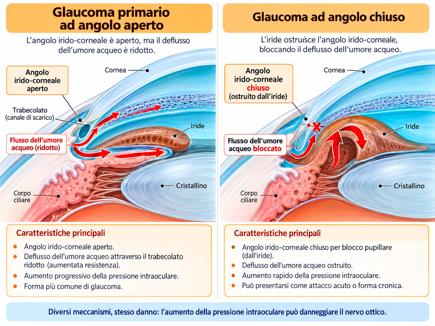 Illustrazione che mostra la differenza tra glaucoma primario ad angolo aperto e glaucoma ad angolo chiuso