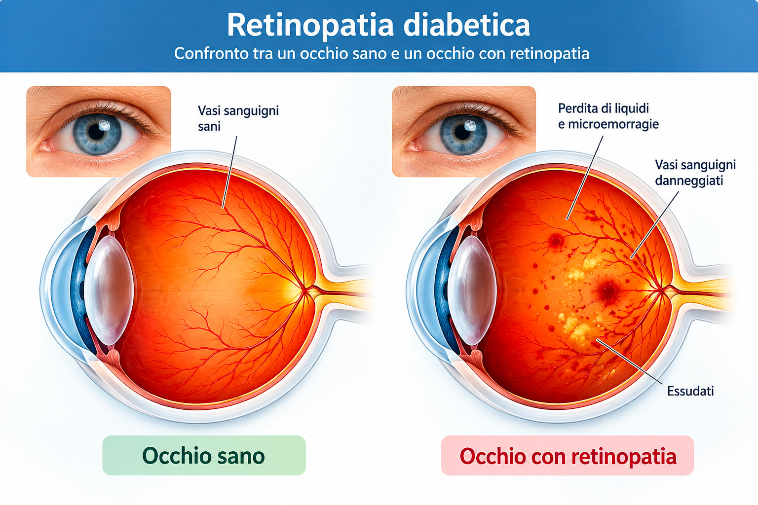 Illustrazione che mostra a confronto un occhio sano e un occhio con retinopatia diabetica